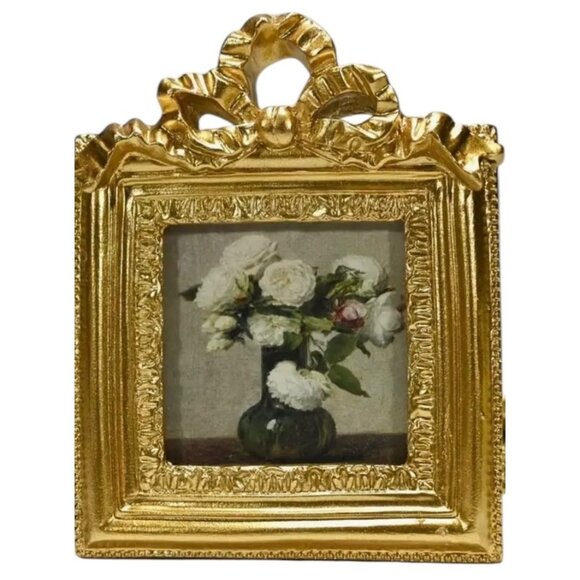 Mini Ornate Gold Picture Frame With Ribbon Design 2x2 Inch Slot - Picture 1 of 4